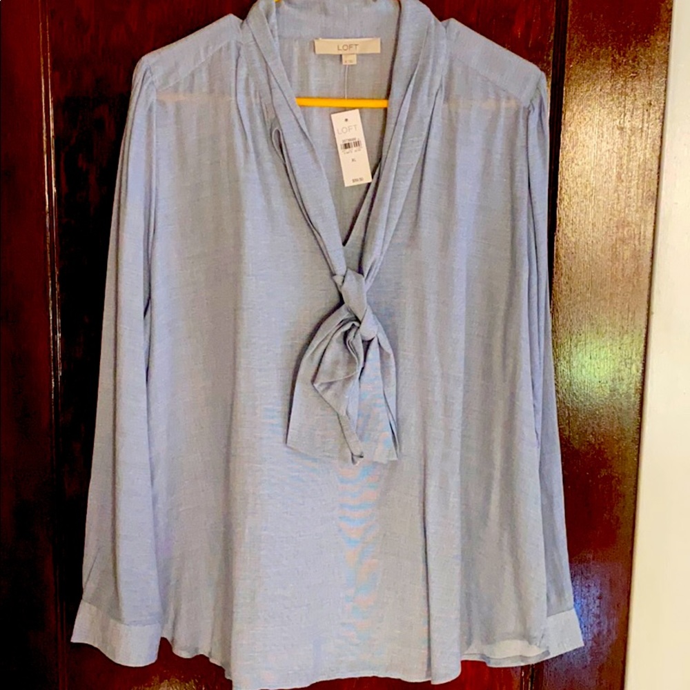 Light weight, long sleeve LOFT, tie neck blouse